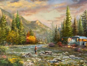Living the Dream Painting of man fishing in woods with trailer.