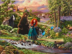 A painting of Disney & Pixar Film's movie, Brave depicting Merida, her mother as a bear, and her horse, Angus walking in a green landscape about to cross a river.