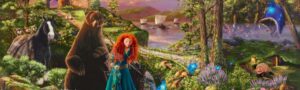 A painting of Disney & Pixar Film's movie, Brave depicting Merida, her mother as a bear, and her horse, Angus walking in a green landscape about to cross a river.