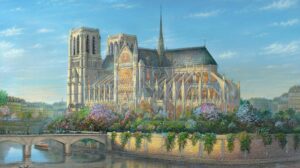 Painting of Notre Dame cathedral by Thomas Kinkade Studios.